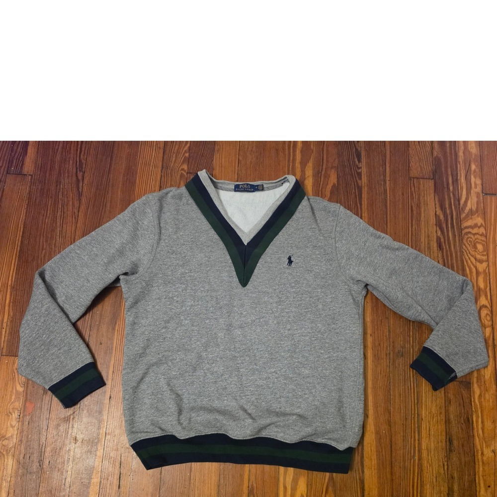 Polo by Ralph Lauren Heather Gray V-Neck Sweater with Navy & Forest Trim